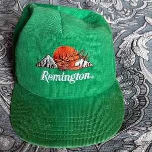 Vintage Remington Green Corduroy Cap with Elk and Orange Sunset Embroidery